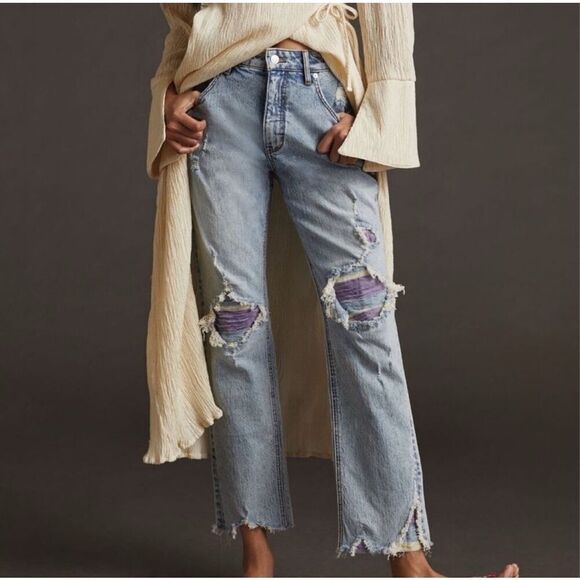 Pilcro Vintage Straight Jeans Womens 26 High Rise Distressed Patches Bohemian - Picture 1 of 16